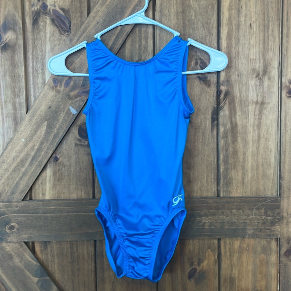 Turquoise GK Elite scoop back, nylon/spandex, tank leotard.  Size AS.